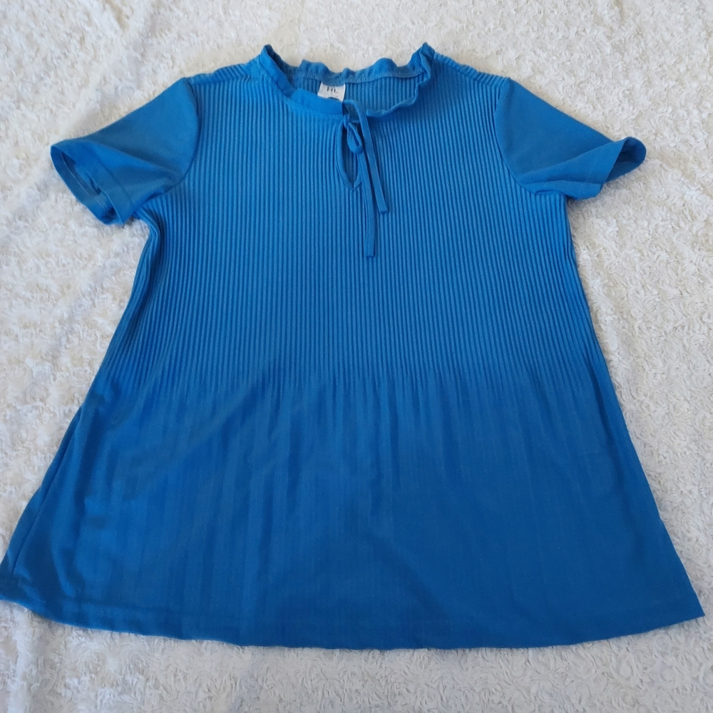 Elegant Blue Pleated Short Sleeve Women's Top Babydoll Office Career Retro